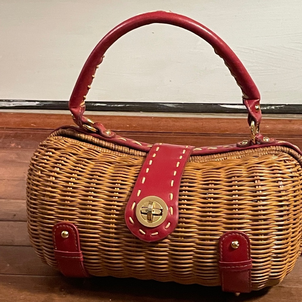 Wicker Mini Top-Handle Bag with Red Trim